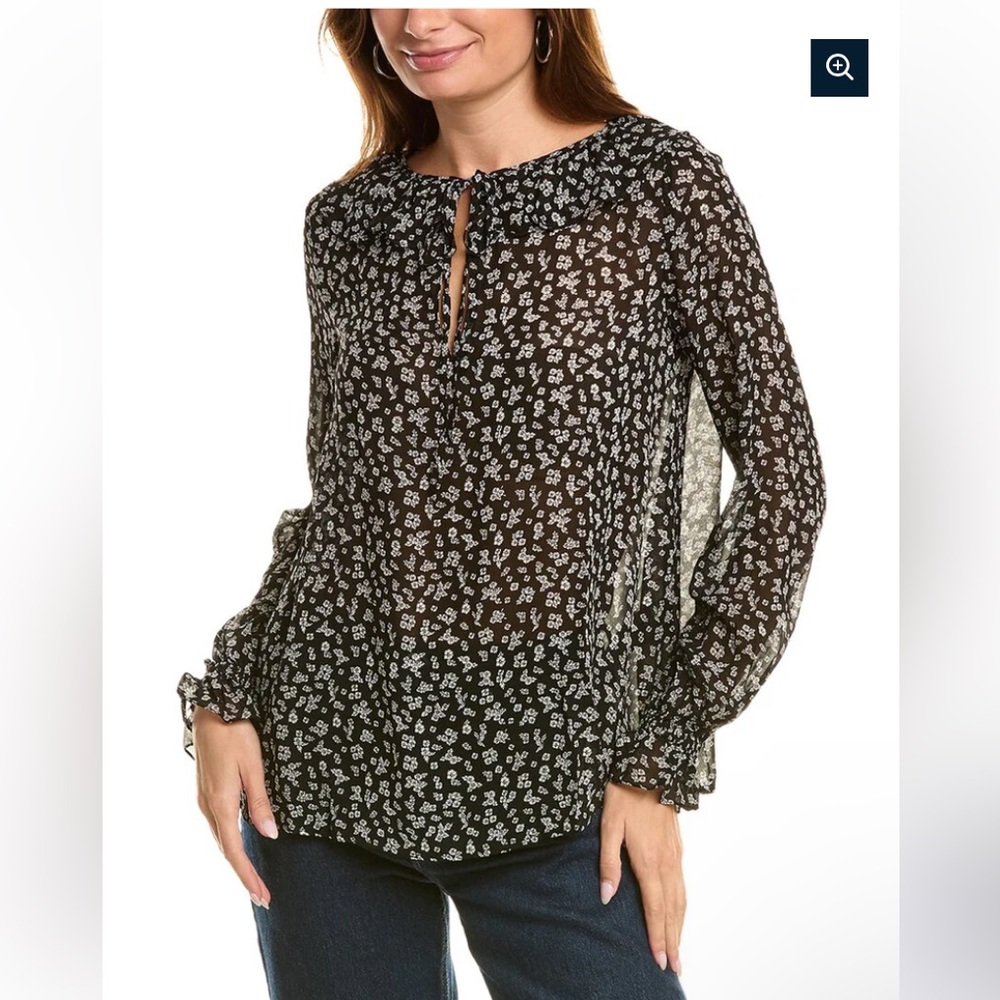 NWT The Kooples Tie Neck Blouse with Black and White Floral Print